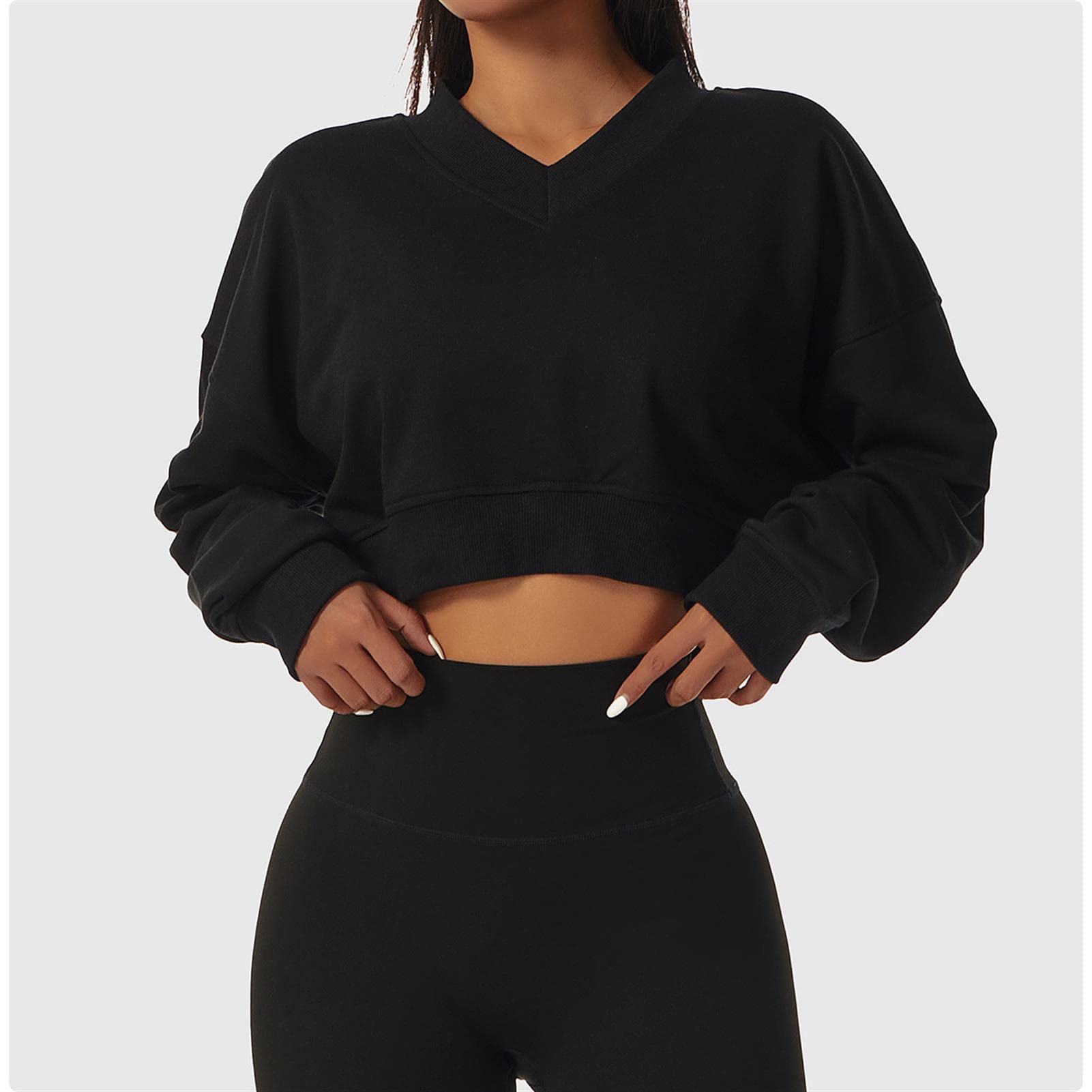 Damska luźna bluza sportowa z długim rękawem dekolt w serek sweter na co dzień topy crop trening gorset kurtka outdoorowa odzież fitness, czarna, 8/S