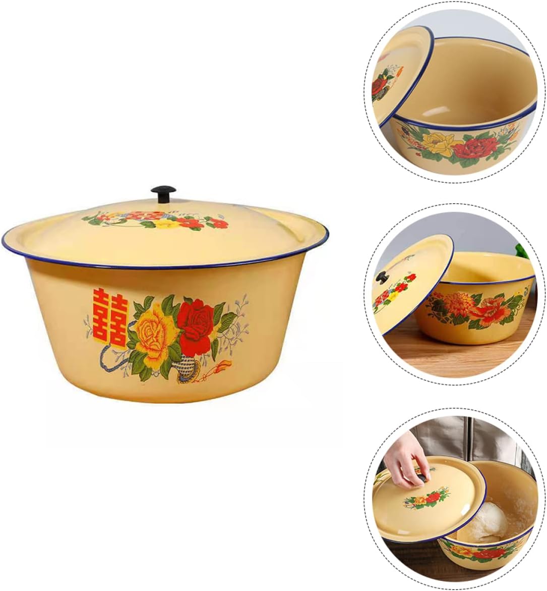 Enamelware with, Antique Enamel Mixing BowlYakisoba Lard Capacity Dishes Stockpot Chicken Tableware Prints Stew Color Sauce Kitchen Rice Fashioned Thickened Inch Classsic Cm Chinese Round Milk Bowl(24