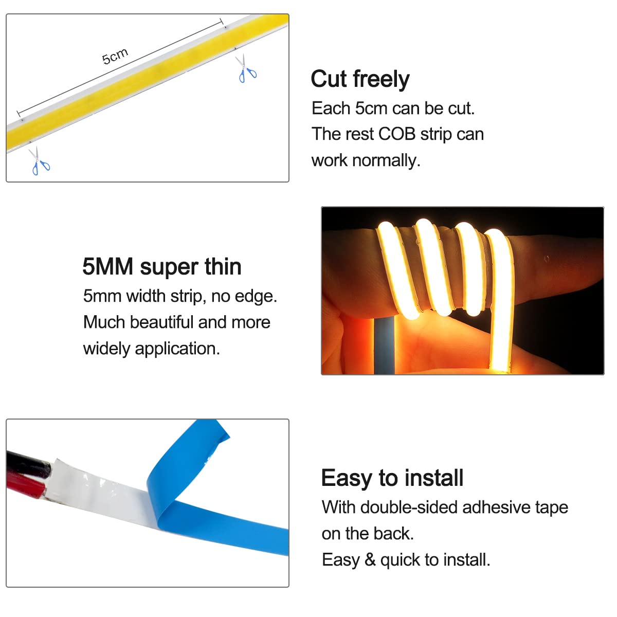 KSIBNW LED-strip 5m warm wit 3000K, dimbaar 12V COB LED-stripset met voeding en afstandsbediening, 8mm brede lichtstrip zelfklevend heldere onderbouwlamp voor keuken, slaapkamer, woonkamer