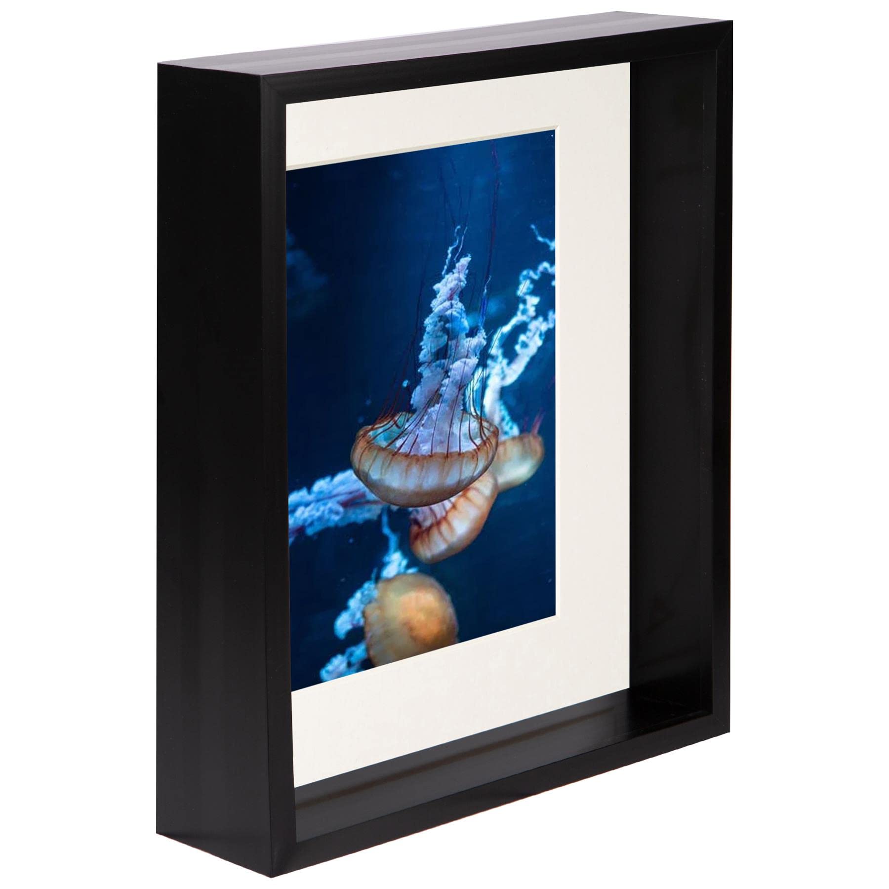 Nicola Spring 1x Black 8 x 10 inch 3D Deep Box Wooden Photo Frame with Ivory 5 x 7 inch Mount - Standing Hanging Craft Shadow Memory Picture Display Case for Flowers Crafts Art Medal