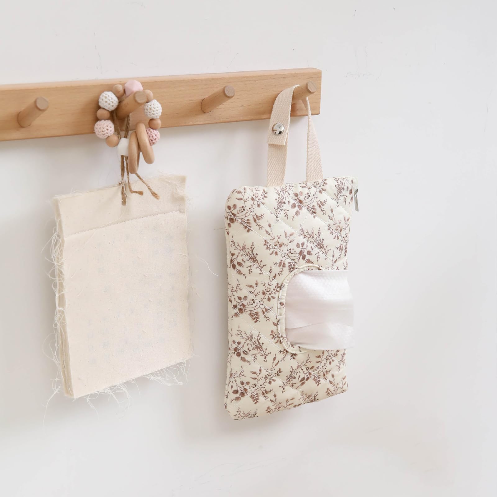 Quilted Baby Wipe Holder, Canvas Floral Quilted Pouch with Hanging Strap, Portable Diaper Wipe Holder for Travel Stroller-Beige - 5