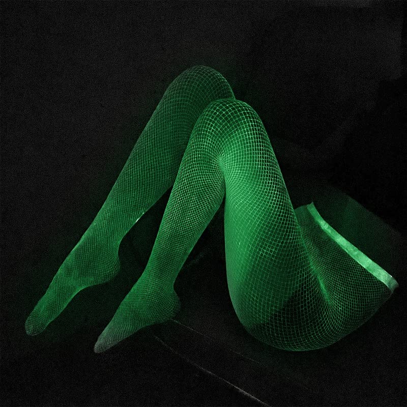 Image of KCTRFSJ Women Sexy Luminous Green Hollow Fishnets Stockings,Glow in the Dark Reflective Fun High Waist Fishnet legging Tights