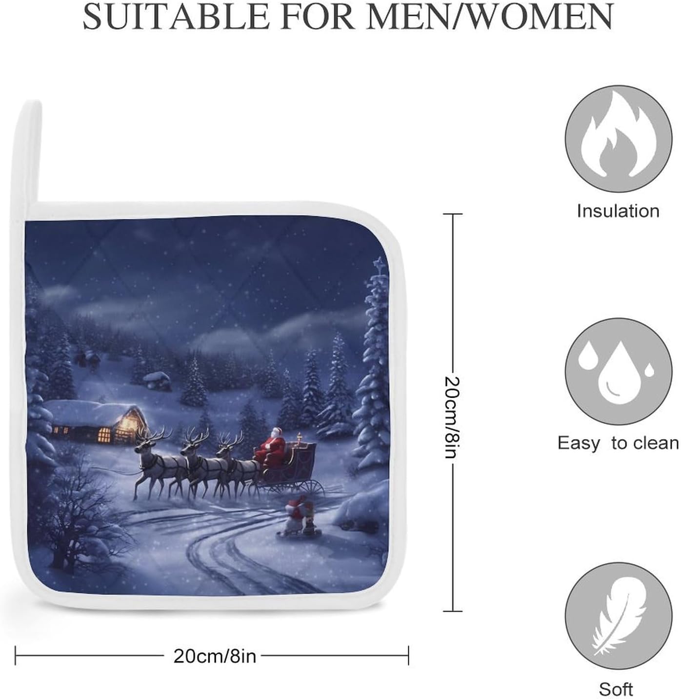 Square Potholders 2-Piece Set,Snow Night Santa and Deer Printed Kitchen Insulation Mats Heat-Resistant Non-Slip Insulation Mats with Hanging Rings for Kitchen Cooking Baking BBQ
