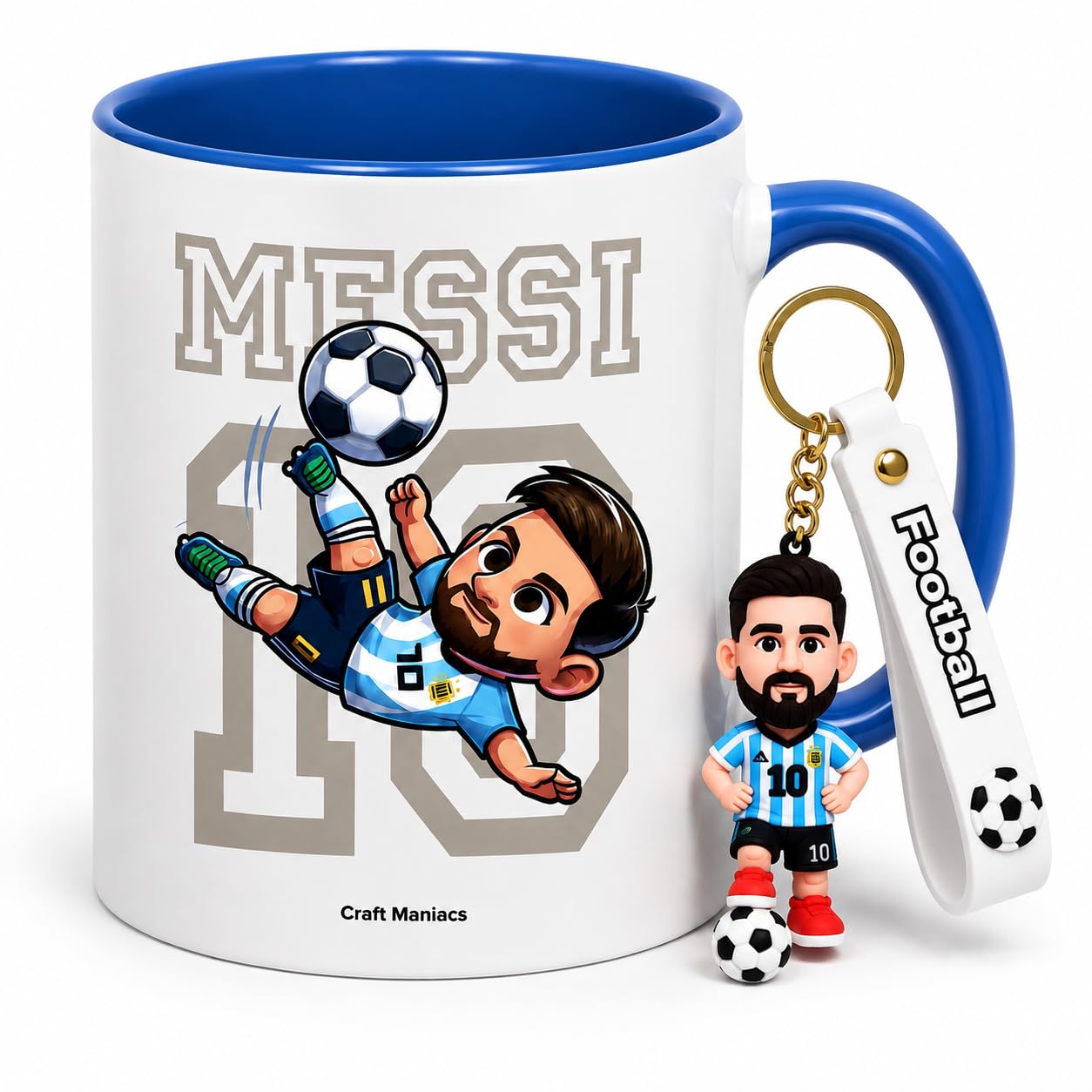 CRAFT MANIACS Lionel Messi Cute Chibi Blue Rim Mug with Matching Silicone Football Keychain-image-16