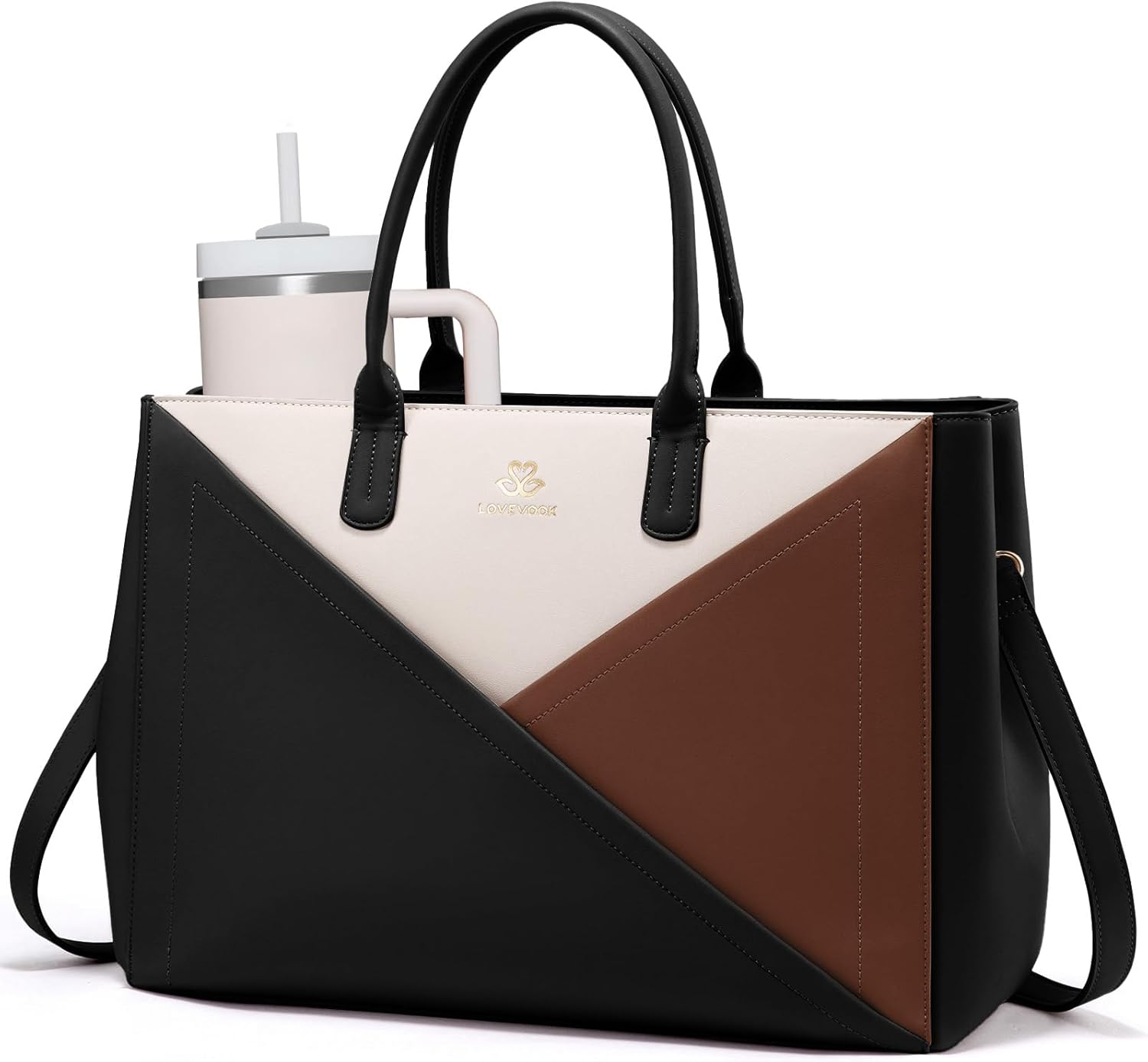 LOVEVOOK Laptop Tote Bag for Women with Large Cup Holder, 15.6 Inch PU Leather Work Bag Teacher Tote Bag, Waterproof Computer Bags Business Office Briefcase Handbag