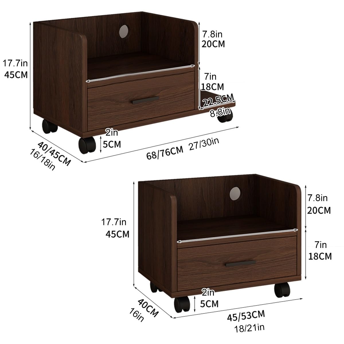 Supporto Stampante da Scrivania con Ruote, Mensola in Legno con Rotelle Bloccabili, Mobiletto Stampante Compatto con Cassetto, per Casa e Ufficio(White,L*W45*40cm/18 * 16")