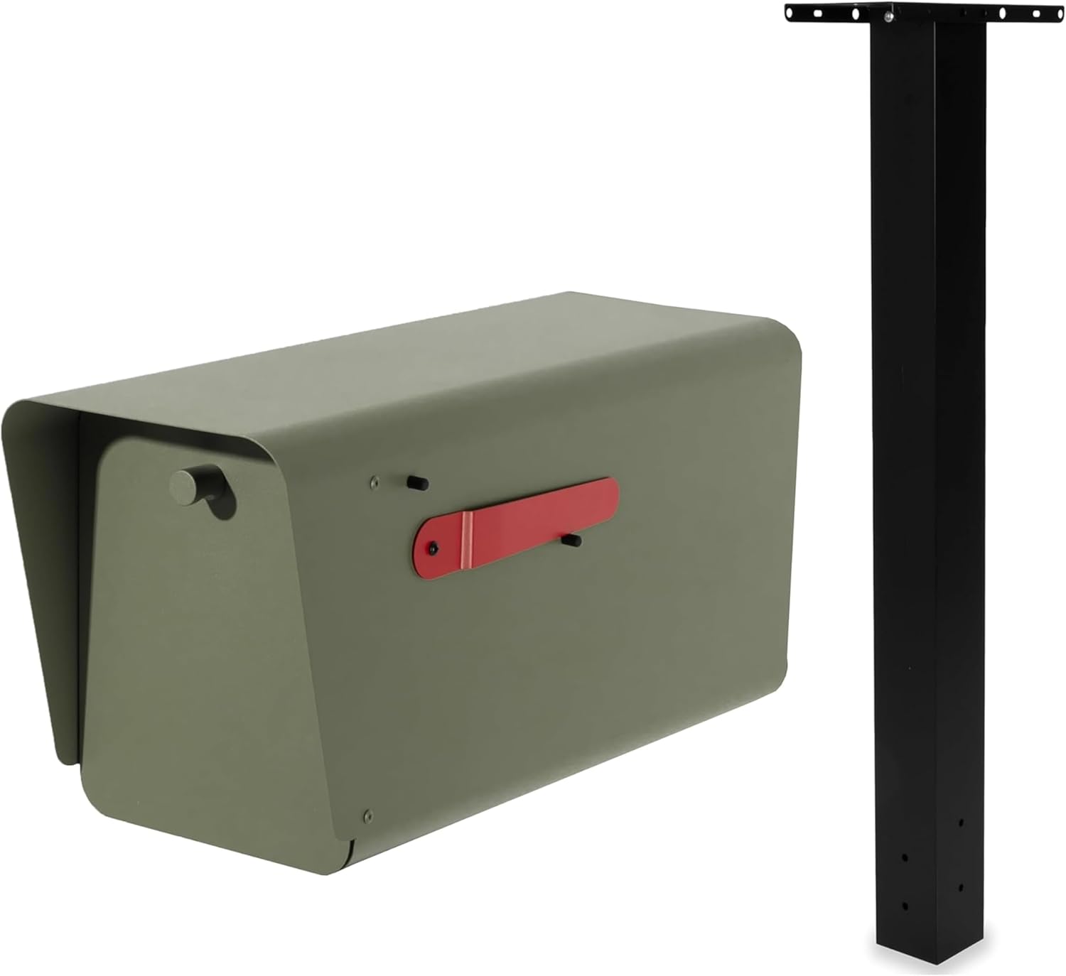 Ilyapa Green Mid Century Modern Mailbox & 43" Heavy Duty Black Metal Post Mount Sleeve Bundle - Outdoor Mail Box for Curbside Delivery