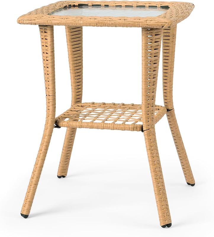 Outdoor Wicker Side Table, Rattan End with Glass Top, Patio Coffee Bistro for Indoor Garden Porch Balcony (Beige)