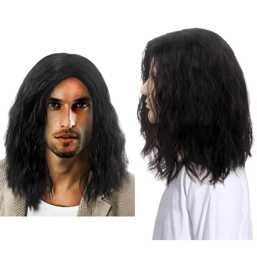 Mens Long Black Wig Mid Length Curly Hair, Long Wave Wig for Men,16 Inch Synthetic Heat Resistant Hair Rocking Dude Wigs for Men,70s 80s Fancy Dress Daily Costume Party Halloween (black)