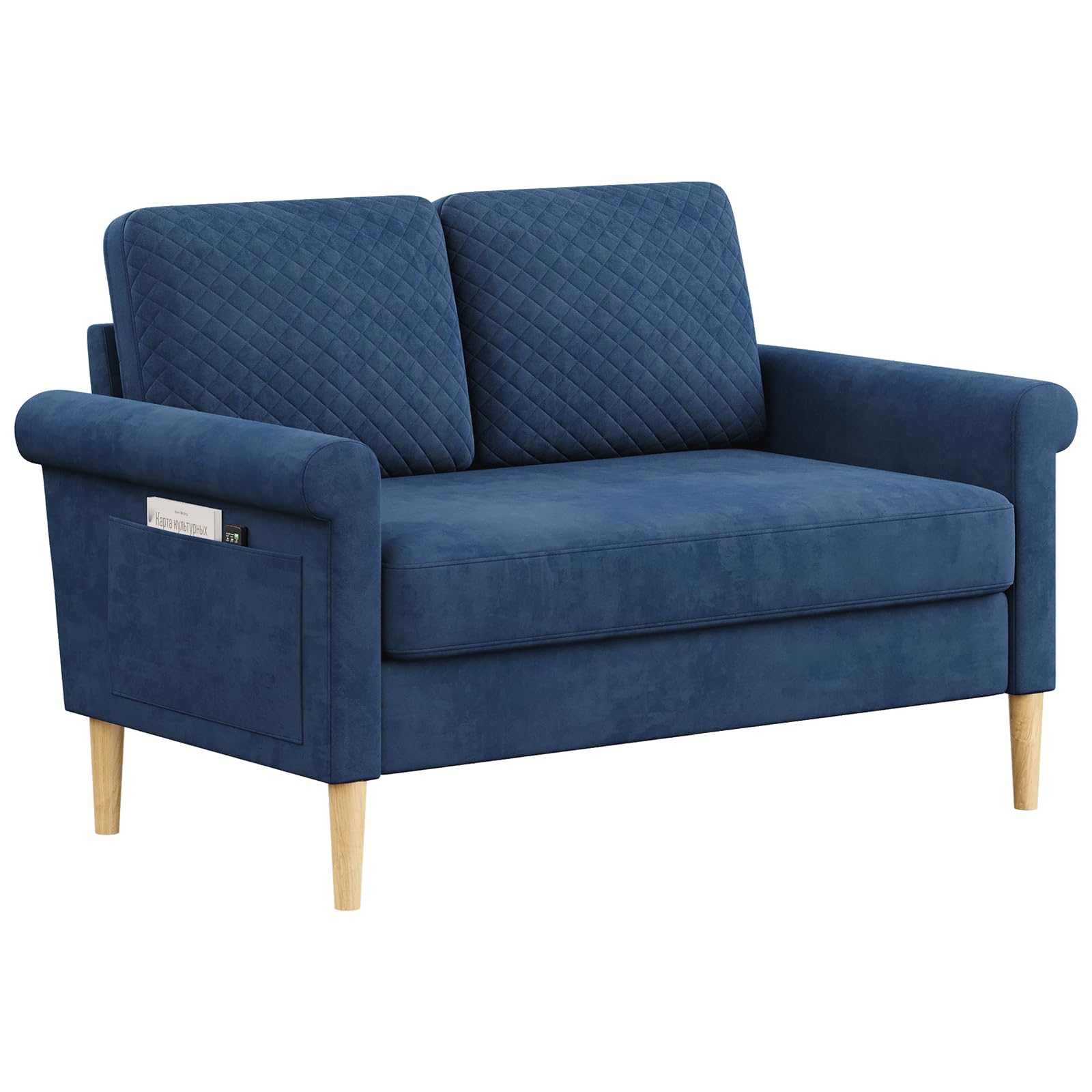 Vesgantti Sofá Pequeño de Tela de 2 Plazas, con Bolsillos de Almacenamiento en Ambos Lados - Mini Sofá Acolchado Salón u Oficina, Montaje sin Herramientas - 123 x 70 x 88 cm, Azul
