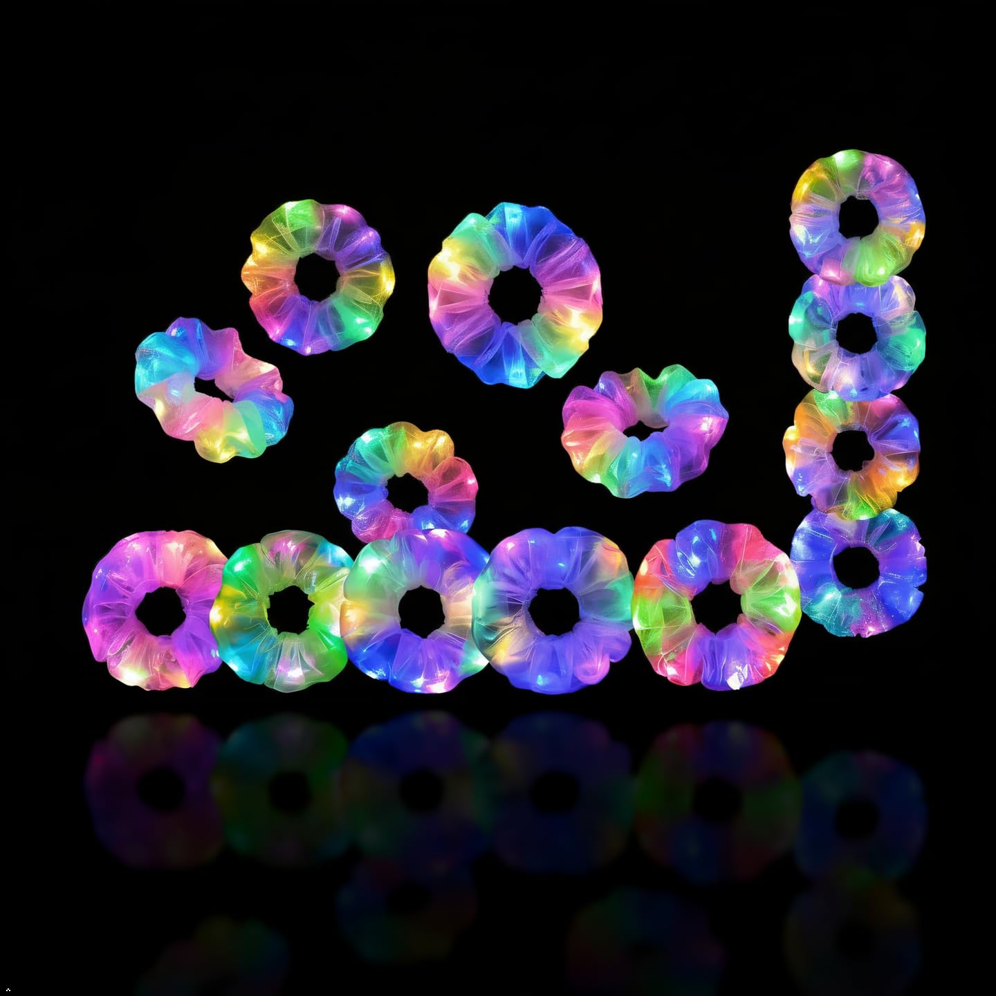 Light Up Scrunchies for Women Girls - LED Hair Ties with Multiple Glow Modes, Mermaid & Rave Neon Slumber Party Favors, Glow in the Dark Party Supplies, Rave Hair Accessories (Multicolor 20+12)