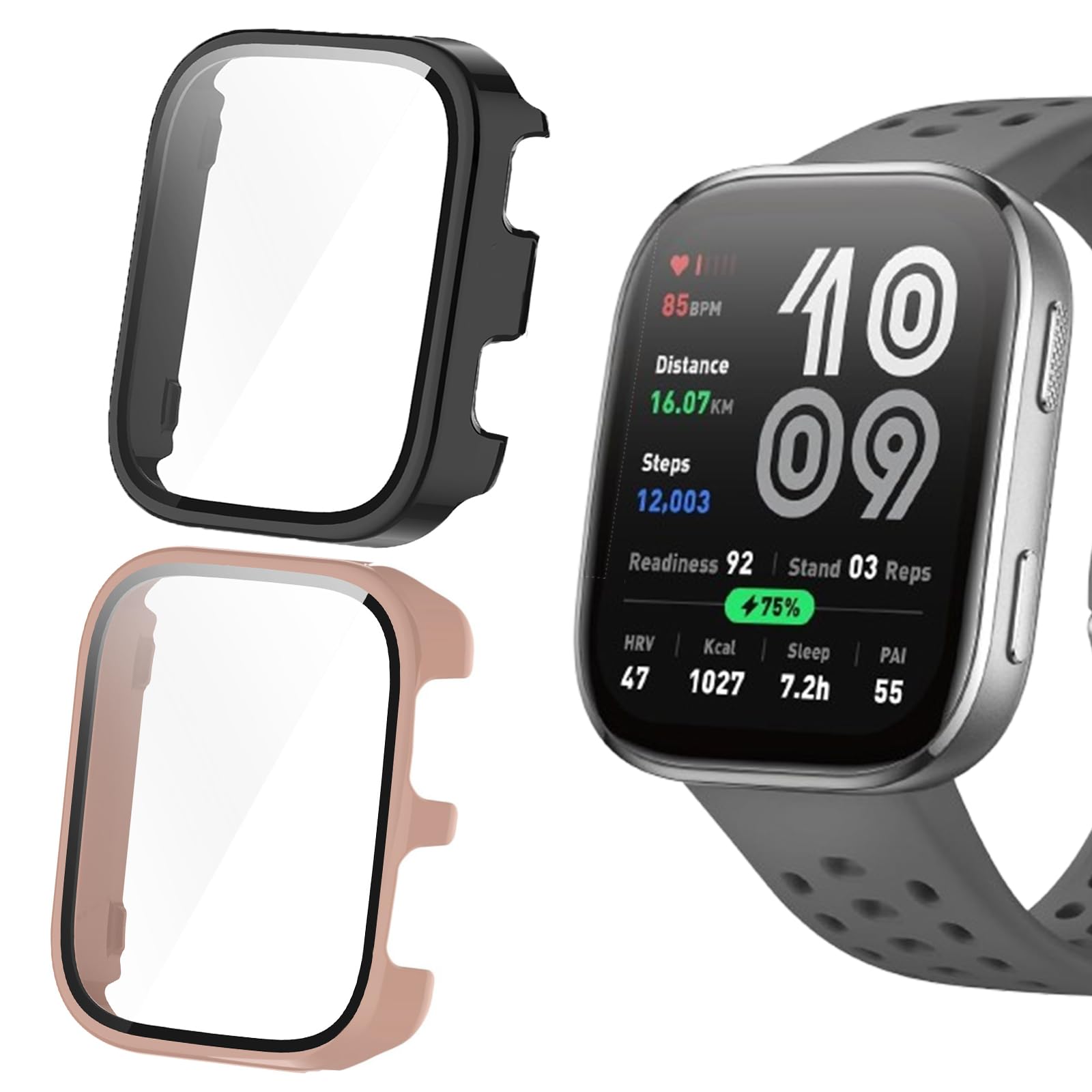 Photo 1 of **Only One** Compatible for Amazfit Bip 6 Case, Lamshaw Hard PC Case with Tempered Glass Screen Protector Compatible with Amazfit Bip 6 Smart Watch 46mm (2 Pack-Black+Pink)
