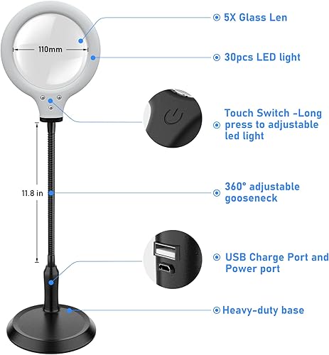 Vista 2 de Lámpara de escritorio recargable de 5 aumentos, lupa manos libres con luz y soporte, diseño plegable con 30 luces LED para leer, pasatiempos