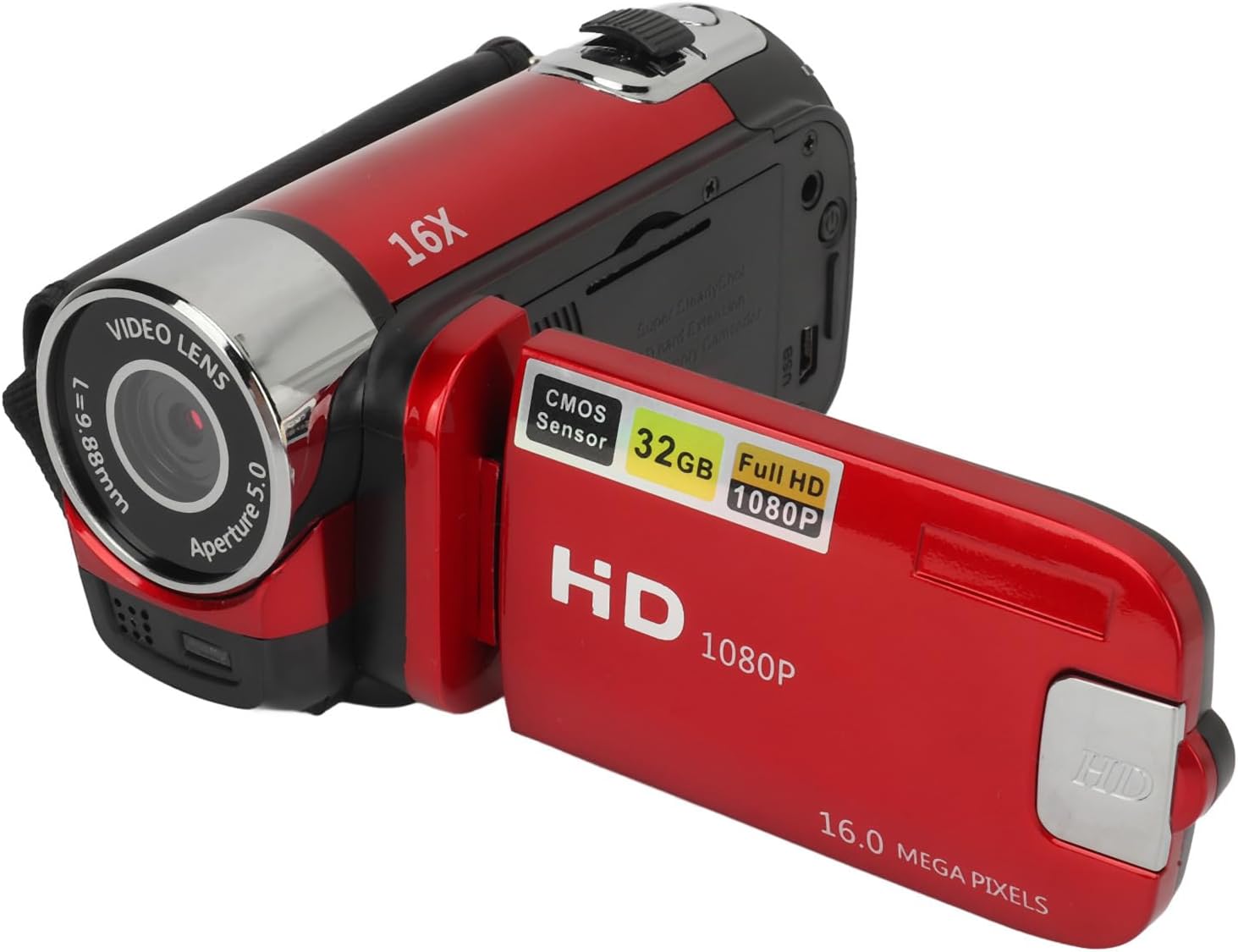 Video Camera Camcorder, Vlogging Camera Recorder, 1080P 16MP, 2.4 Inch Rotatable Screen, 16X Zoom HD Video Recorder with Fill Light, Loop Recording (Red)