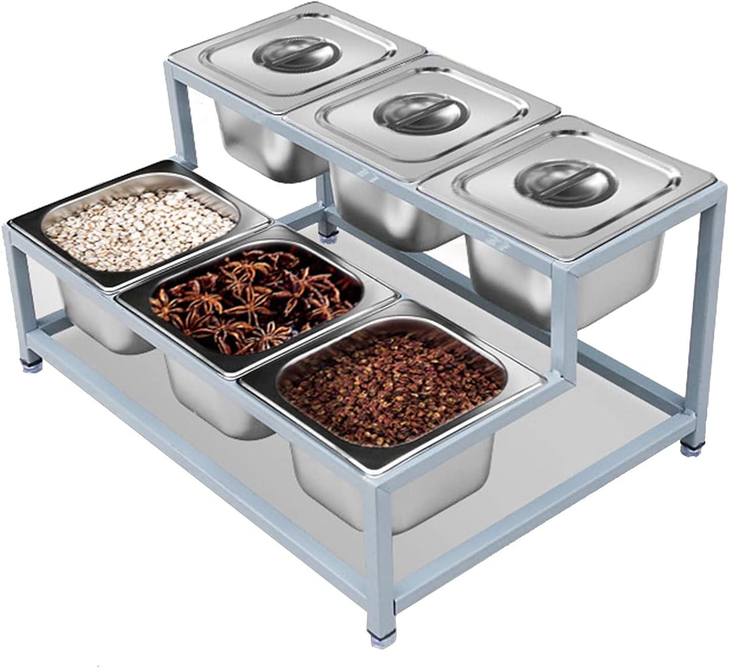 Stainless Steel Seasoning Box - Food & Condiment Dispenser with Rack, Lid and Spoon for Dressings/Sauces/Garnish