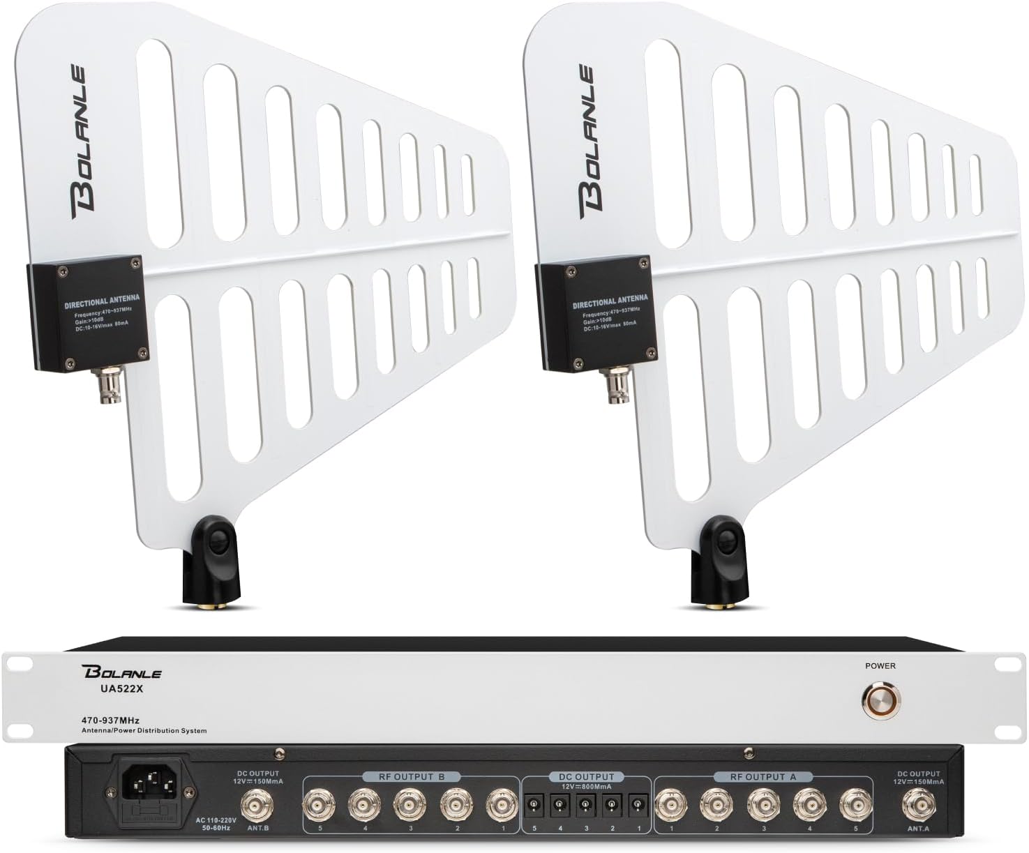 UHF Wireless Antenna Distribution System Bundle, 10 Channel Active Directional Antenna, Covers 470-937MHz Frequency Range, Long Range 3280 FT, Wireless Microphone Antenna for Stages, Live Shows