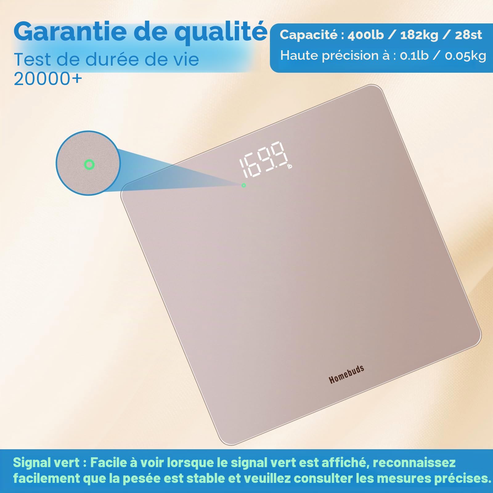 Homebuds Balance Connectée, Haute Précision 0,05kg Par Notre Professional Fabricant Depuis 2001, Pese Personne Step-On et LED Lumineuse, APP Sync Avec le Poids et l'IMC, 182kg, Or Rose