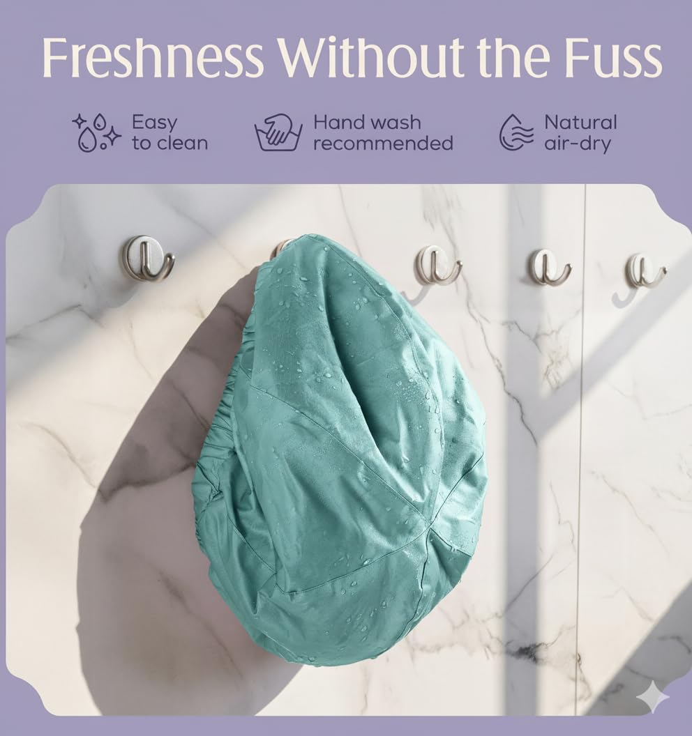 Gorro de ducha de alta calidad para mujer, más de 1000 duchas, 100% impermeable, doble cara, grande para cabello largo e ideal para rizos (forro de tela de rizo antiencrespamiento), color turquesa.
