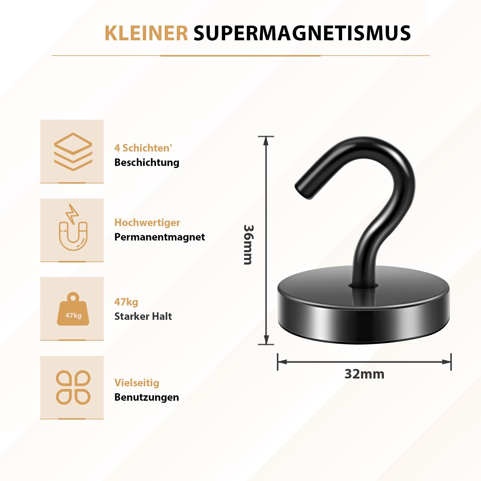 Neosmuk Gancio magnetico nero, 47 kg, extra forte per armadietto, magneti al neodimio, gancio magnetico molto forte per impianto di officina, tenda posteriore, barbecue, appendiabiti