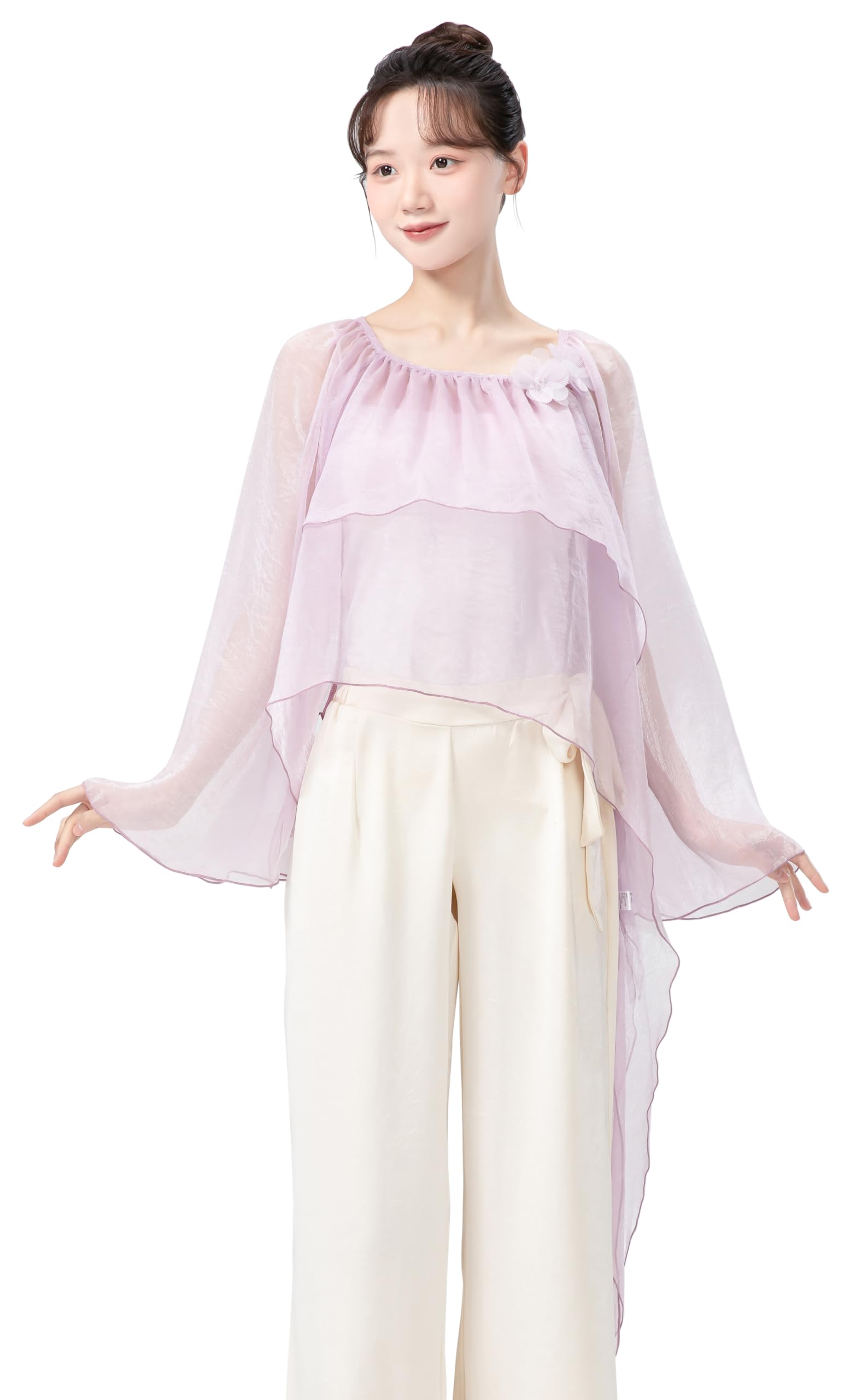 Angcoco Women's Ruched Round Neck Loose Fit Sheer Mesh Blouse Purple