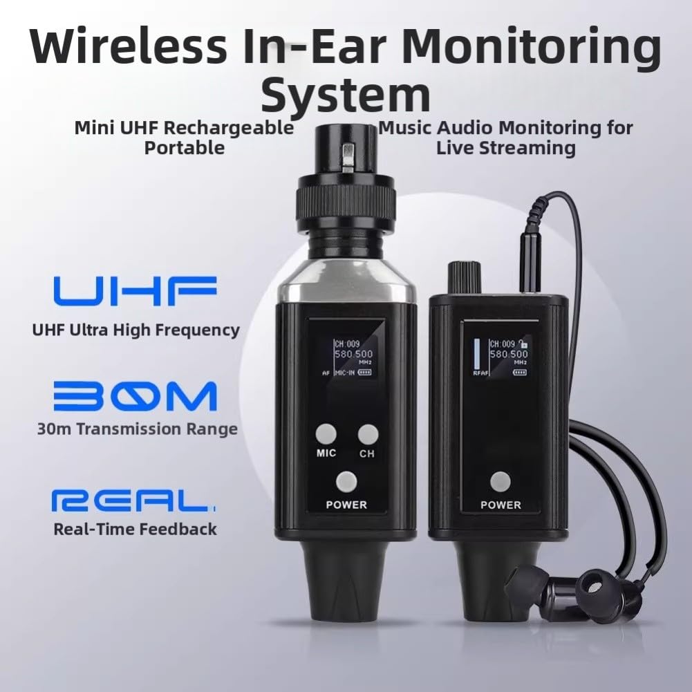 UHF Wireless In Ear Monitor System, 16-K Wiederaufladbar IEM mit Digitaler Modulation, 560-590MHz Frequenzbereich für Live-Bühnen-Studio-Leistung, Schwarz