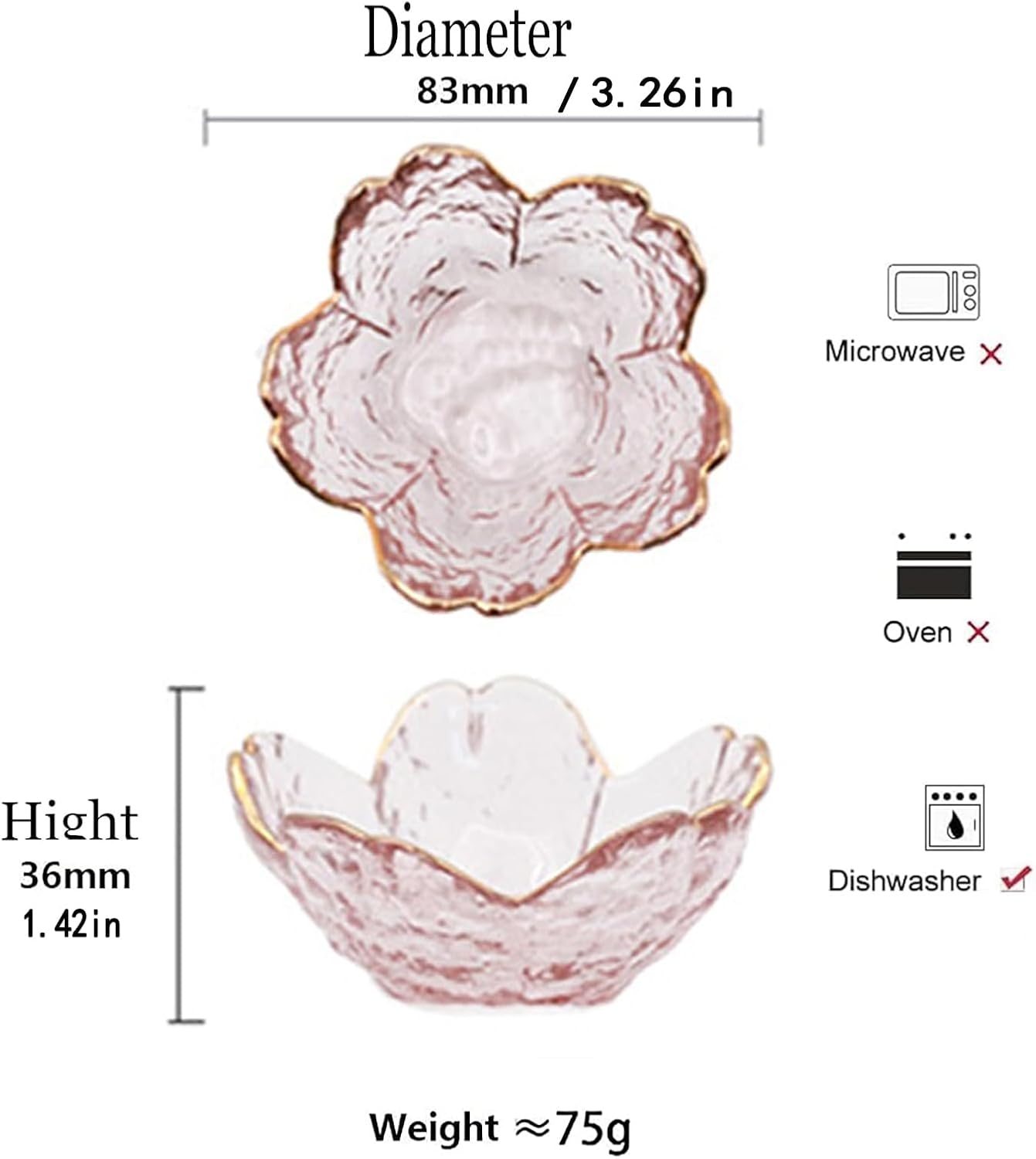 Seasoning bowls with gold rim,6 pcs Pink Cherry Flower Crystal Glass Appetizer Plates dipping bowls Small Glass Dish 3.26*1.42 inch ,6.2oz pink glass plates mini for charcuterie board (Phnom Penh)