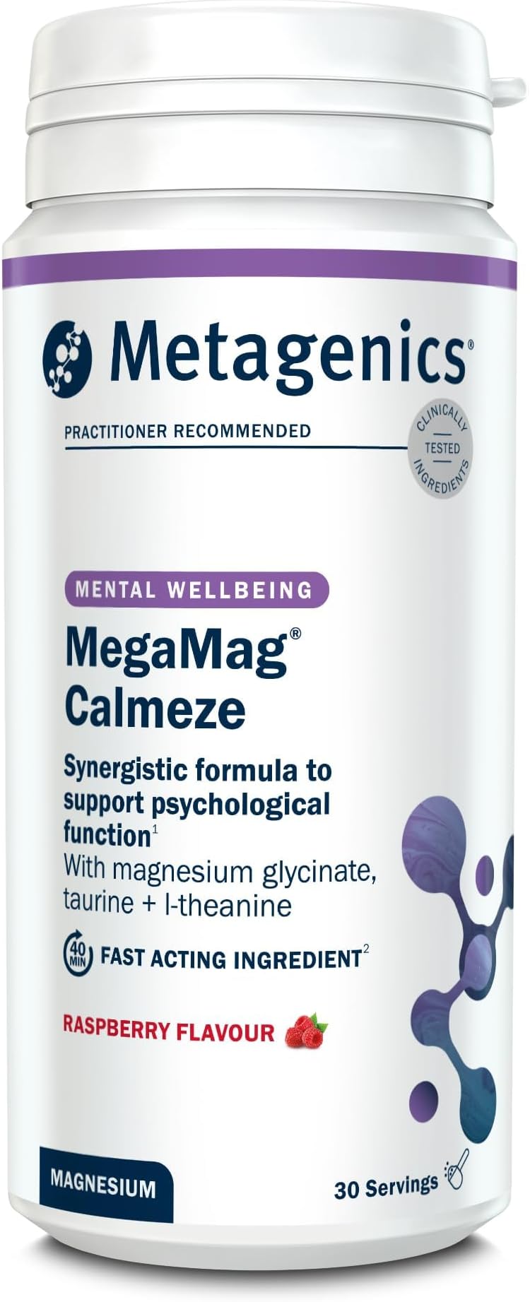 MegaMag Calmeze Magnesium Powder - High Potency Magnesium Glycinate for The Reduction of Fatigue & Tiredness - Raspberry, 30 Servings | Refreshing raspberry flavoured daily drink packed with highly absorbable minerals, vitamin C and active B vitamins