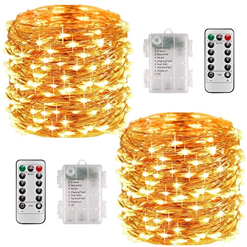 Preisvergleich Produktbild Lichterkette Batterie, 2er 10M 100 LED Lichterkette 8 Modi Außenbeleuchtung Batteriebetrieben Kupferdraht Wasserdichte IP68 mit Fernbedienung und Timer für Innen / Außen Weihnachten Dekoration, Warmweiß