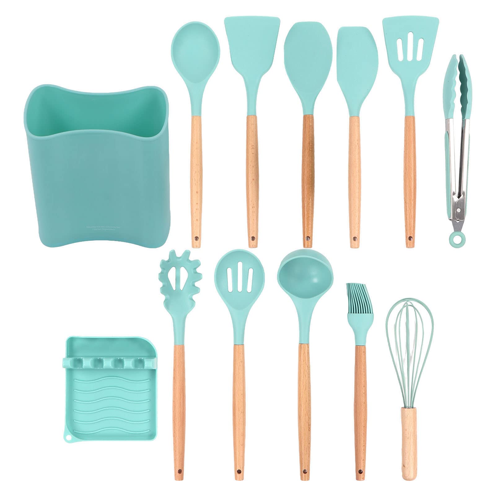 Ensemble D'Ustensiles de Cuisine en Silicone 13 Pièces, Ensemble de Spatules À Ustensiles À Coller Librement Avec Support, Ensemble de Spatules À Ustensiles (Vert foncé)