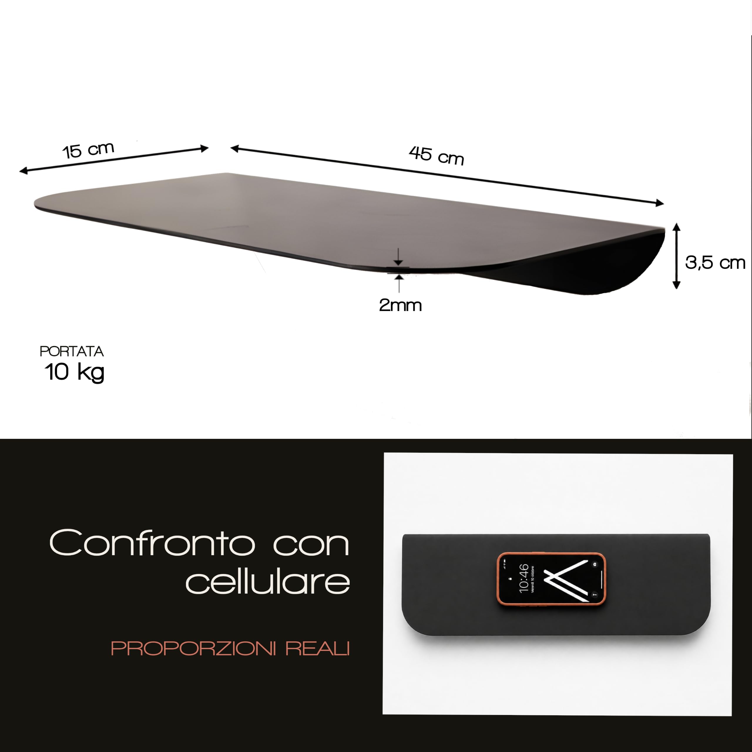 Audace Orizzonte – Mensola da Muro di Design 45x15 cm, Portata 10 kg, Nero Opaco | Mensole da Muro per Ingresso, Bagno, Soggiorno | Made in Italy