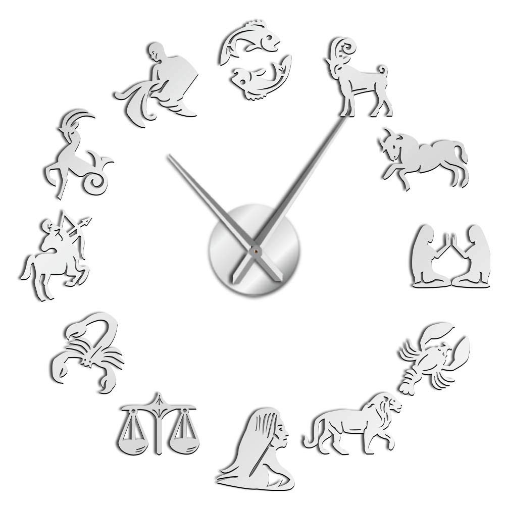 VCS Zodiac Signs Wall Art Stickers Exclusive Wall Clock Constellation DIY Giant Wall Clock Astrology Hanging Clock Watch Home Decor(Silver,37inch)