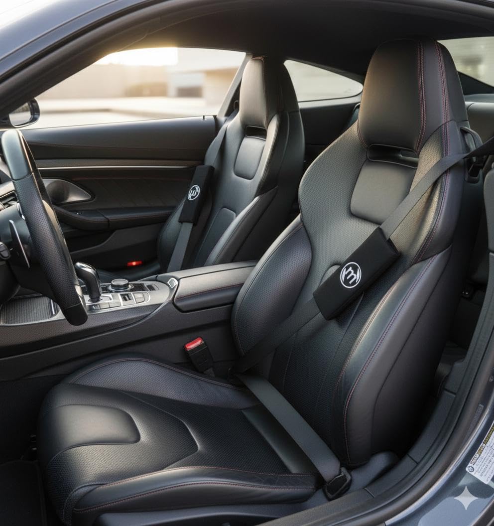 Car Seat Belt Shoulder Pads, Black, Soft Cushion Covers with Logo, Universal Fit, 2 Pack