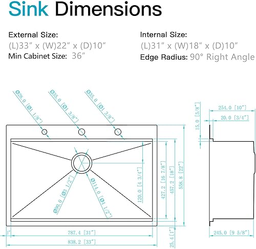Miniatura 3 de ZDHHT - Fregadero de cocina con estación de trabajo de 33 pulgadas, color negro, calibre 16, montaje superior, 33 x 22 x 10 pulgadas de profundidad,