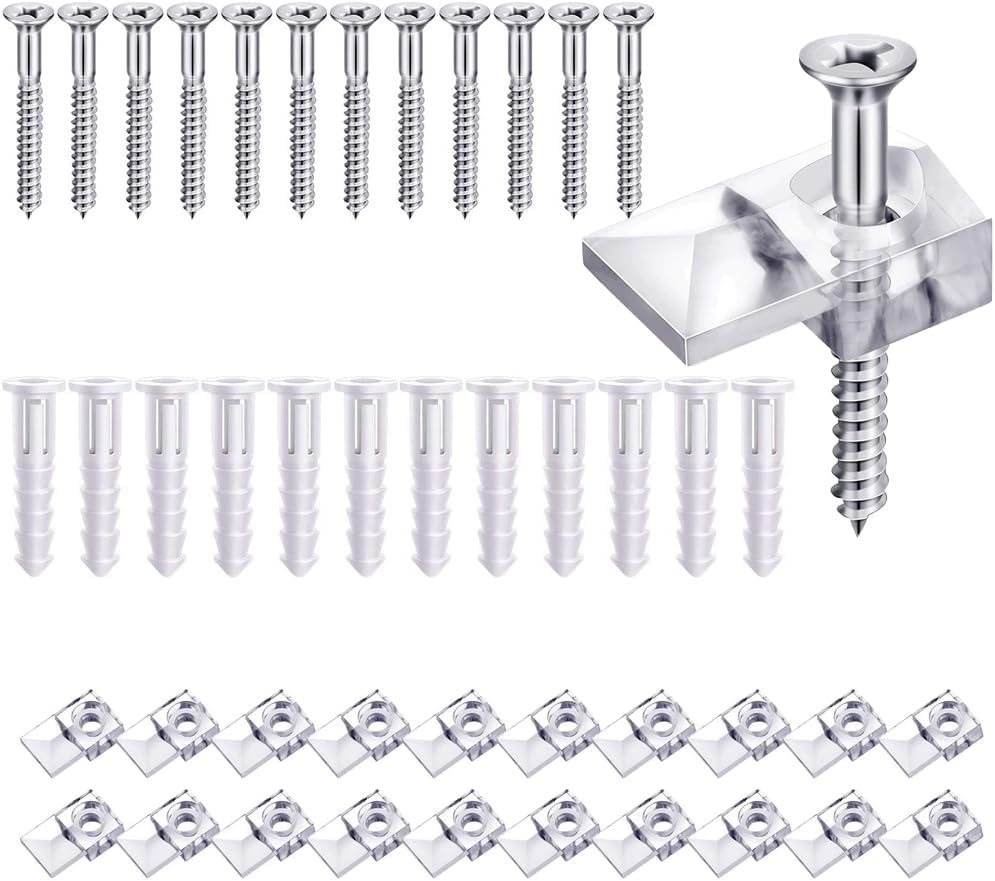 20 Pack Mirror Holder Clips for 6 mm in (6/25) Glass Mirror Hanging Kit for Wall Mounting Hanging Retainer Fasteners with Screw and Anchors for Fixing Cabinet Door