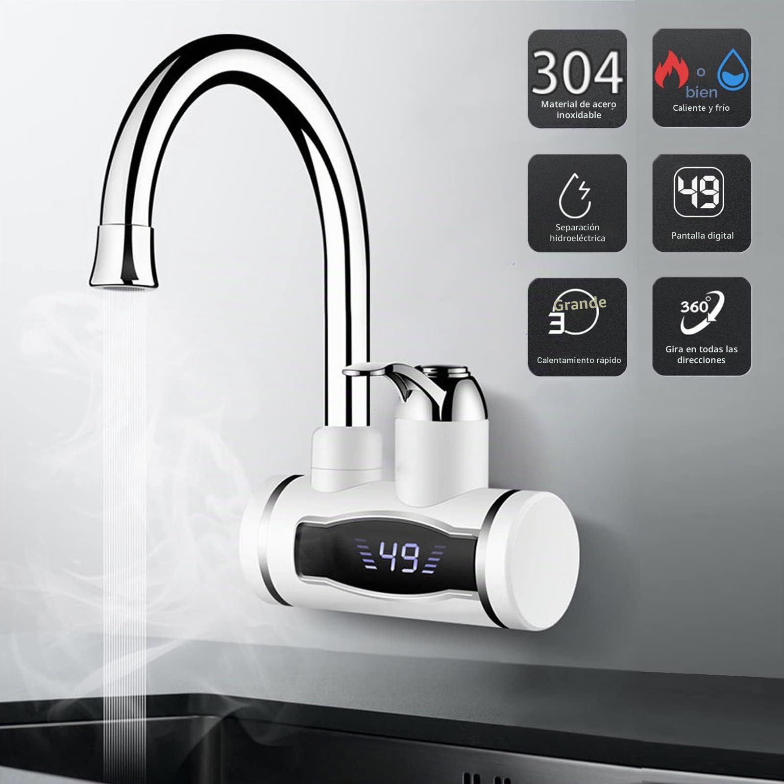 Grifo eléctrico con calentador de agua instantáneo, Btstil giratorio 360° de acero inoxidable con agua instantánea, grifo de calentador eléctrico 220V con pantalla LCD de temperatura para la cocina