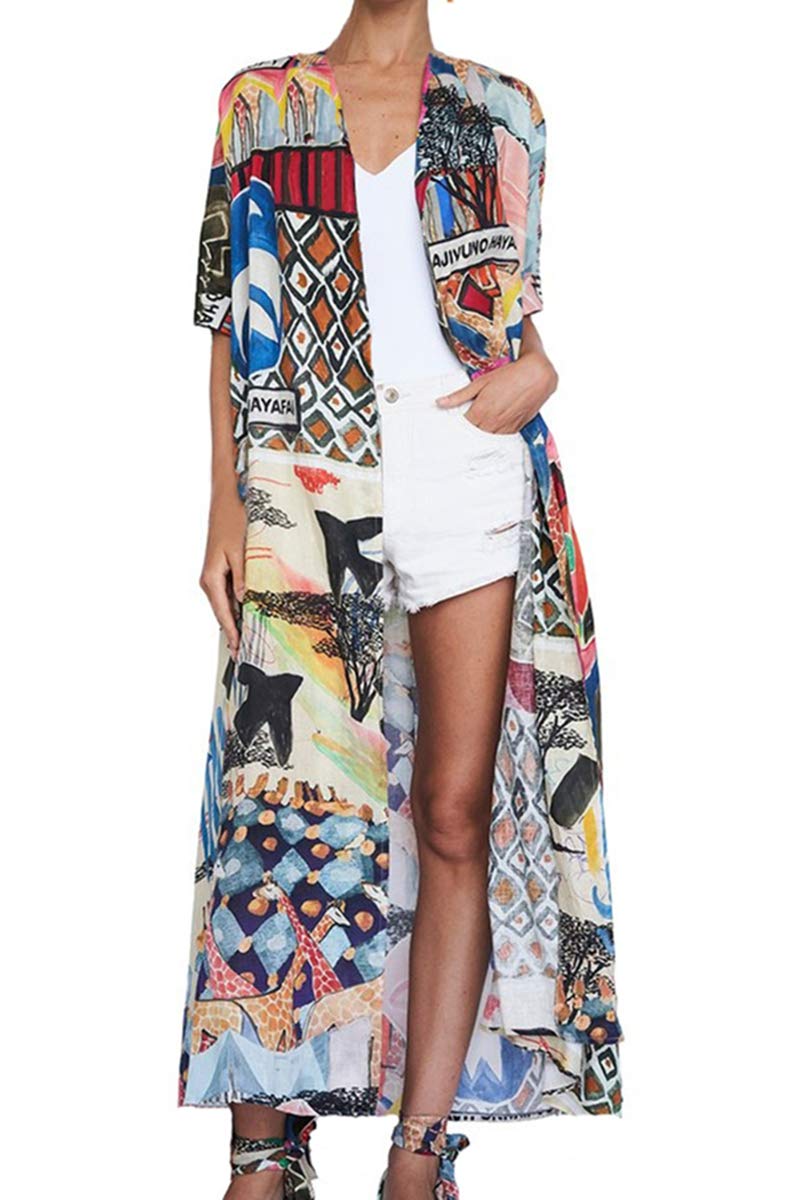 YouKD Cárdigan de Algodón para Mujer Vestido Largo de Traje de Baño de Playa Kimono Largo Bohemio Traje de Talla Grande