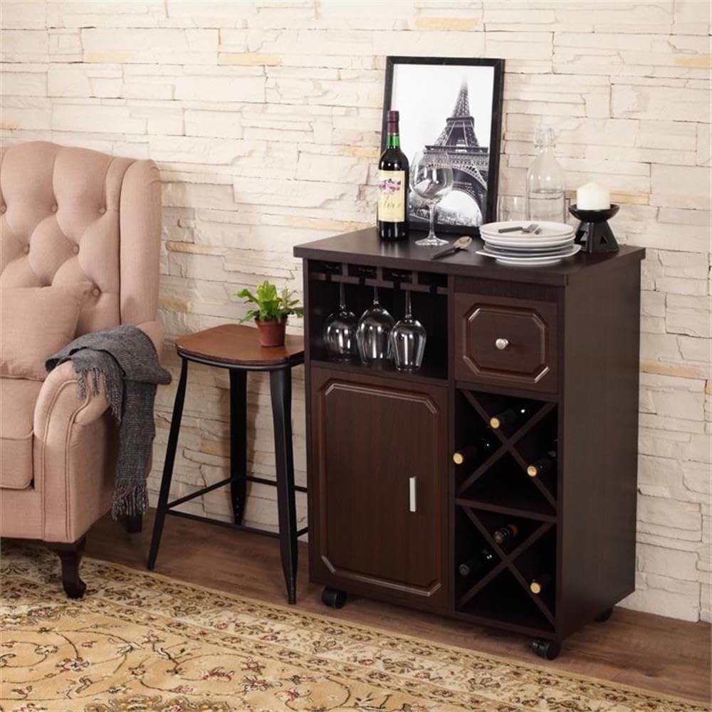 BOWERY HILL Engineered Wood Mobile Wine Bar Cabinet, Espresso Finish, 28.7" W x 15.7" D x 35.5" H, Multi-Storage with Drawer, Stemware Rack, 8-Bottle Wine Rack, Caster Wheels, Modern Kitchen Cart