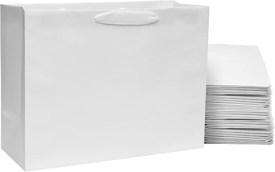 Prime Line Packaging White Gift Bags, 16x6x12 50 Pack, Retail Bags, Paper Shopping Bags with Handles Bulk