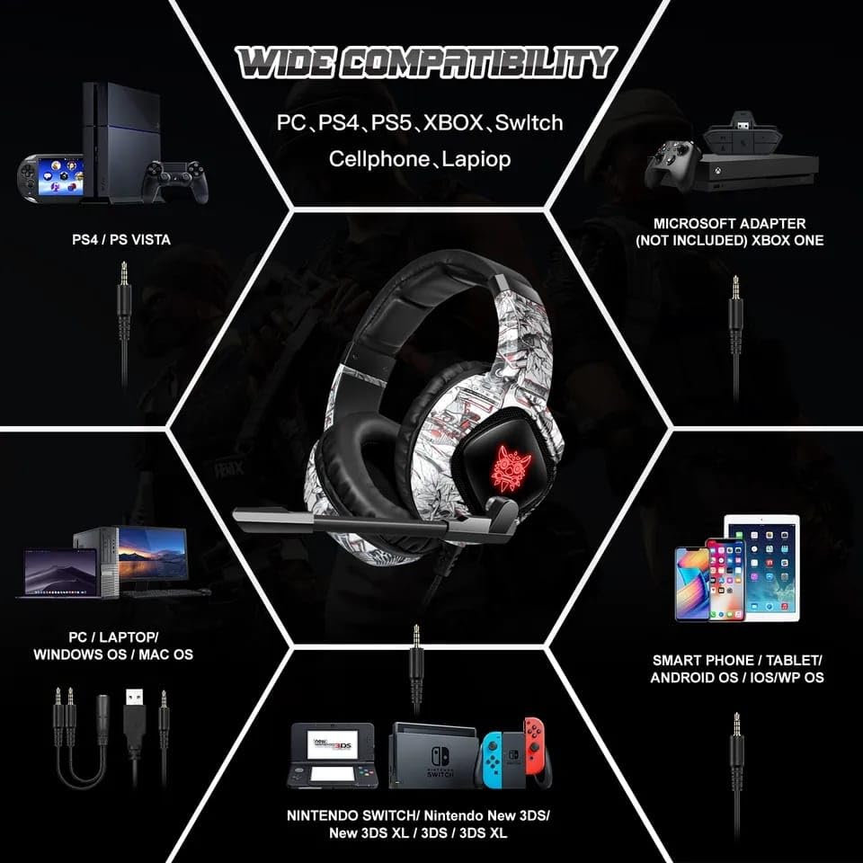 OZK Cuffie da gioco professionali con microfono retroilluminato a LED Cuffie cablate Gamer cancellazione del rumore per PS4 PS5 Xbox PC Gamer
