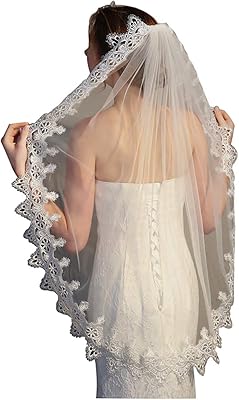 1 Tier Wedding Bridal Veil with Comb,Elegent Crystal Lace Embroided Short Veil Ivory White Fingertip Length 36