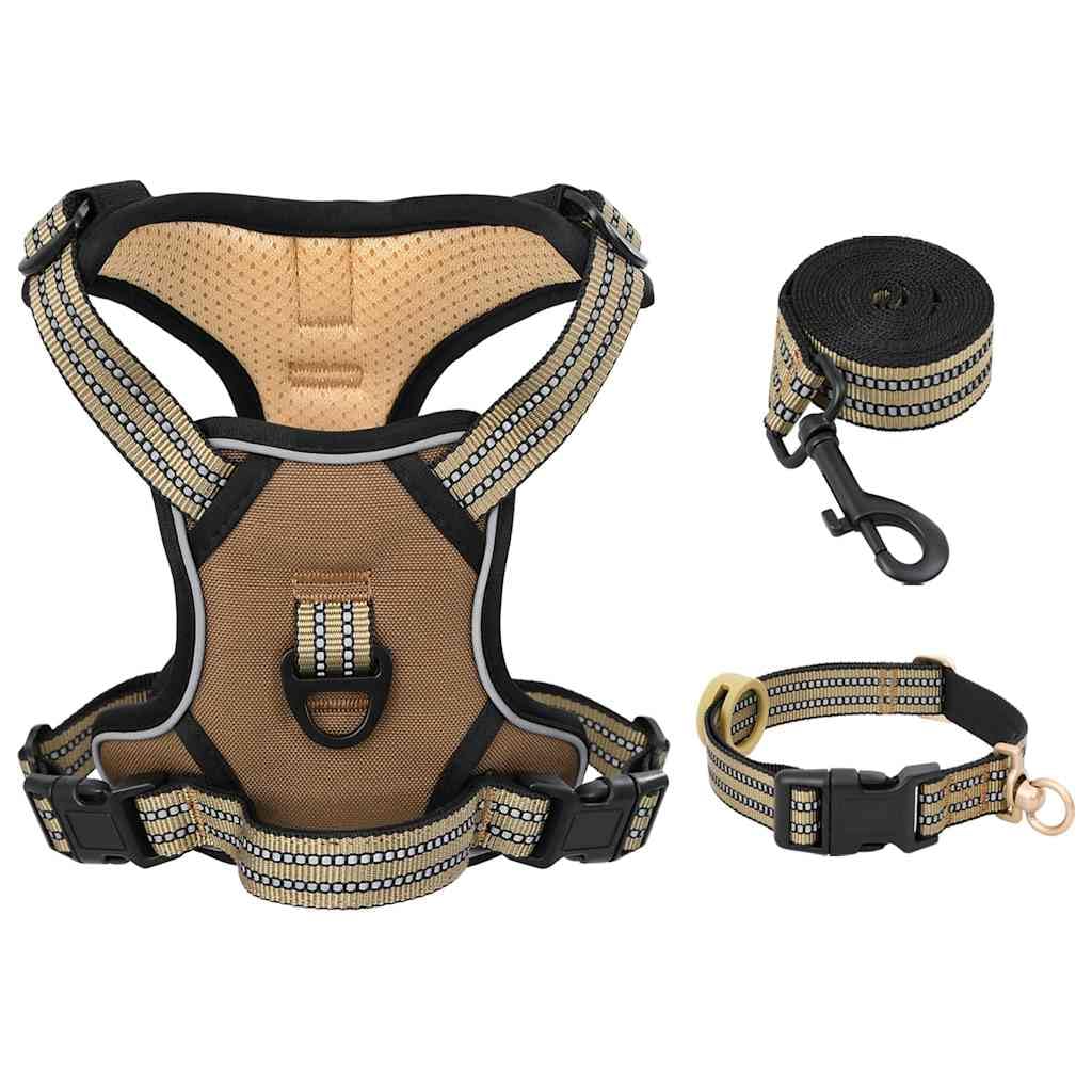 Arnés para perro marrón XL con correa y collar ajustable de poliéster, 4 correas, reflectante, con asa de seguridad para pasear, entrenar, actividades al aire libre y suministros para