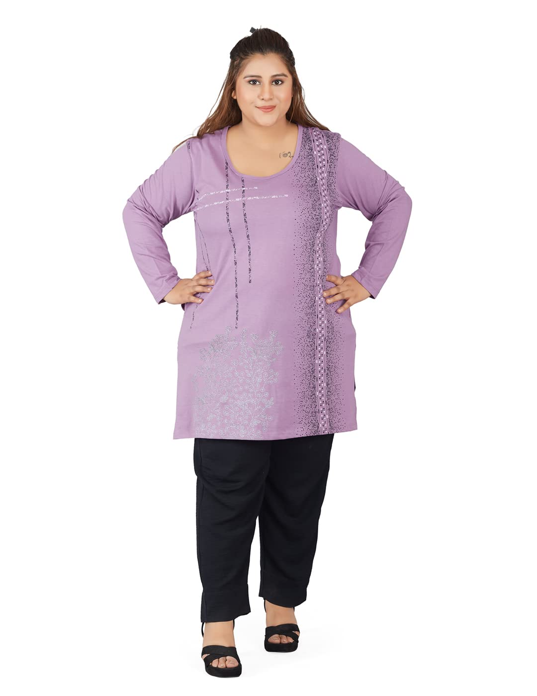 Women Plus Size Cotton Round Neck Full Sleeves T-Shirt, Nightwear, Sleepwear, Daily Use Gym n Lounge Wear Long Tops with Pocket for Ladies