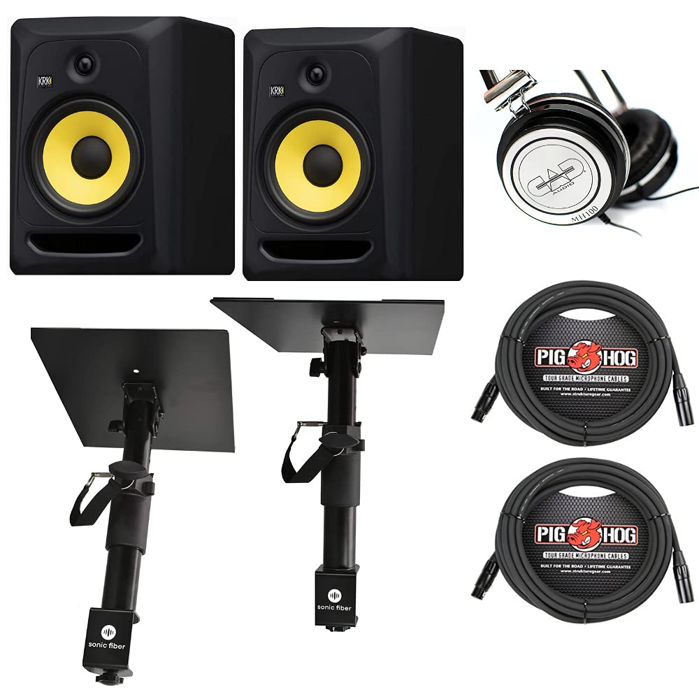KRK Classic 8 Studio Monitors Pair Bundle with Sonicfiber Clamp Stands, CAD MH100 Professional Studi