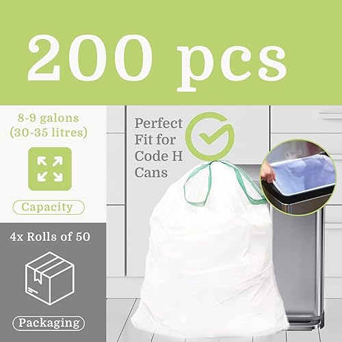 Miniatura 4 de Bolsas de basura compatibles con Simplehuman Code H, 200 unidades, ecológicas, con cordón blanco, fabricadas en los Estados Unidos con un 70% de