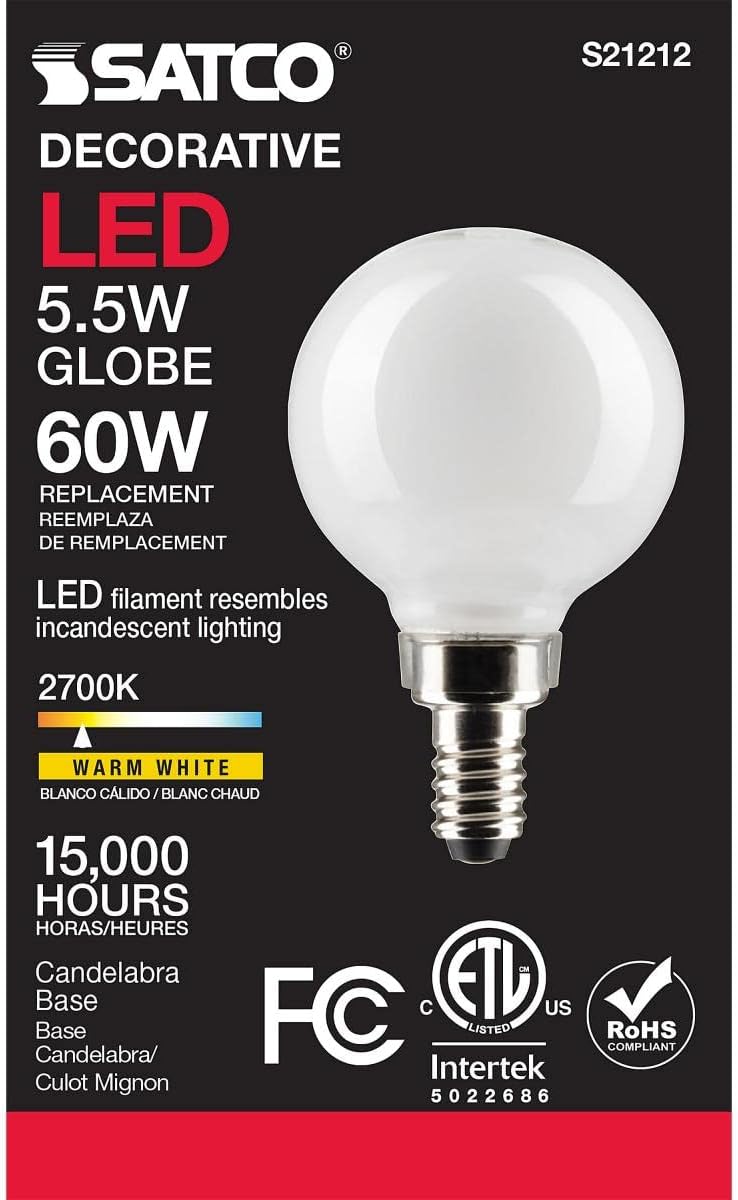 Satco 5.5-Watt LED E12 Light Bulb, 2700K, 15000 Hour Rating, Dimmable