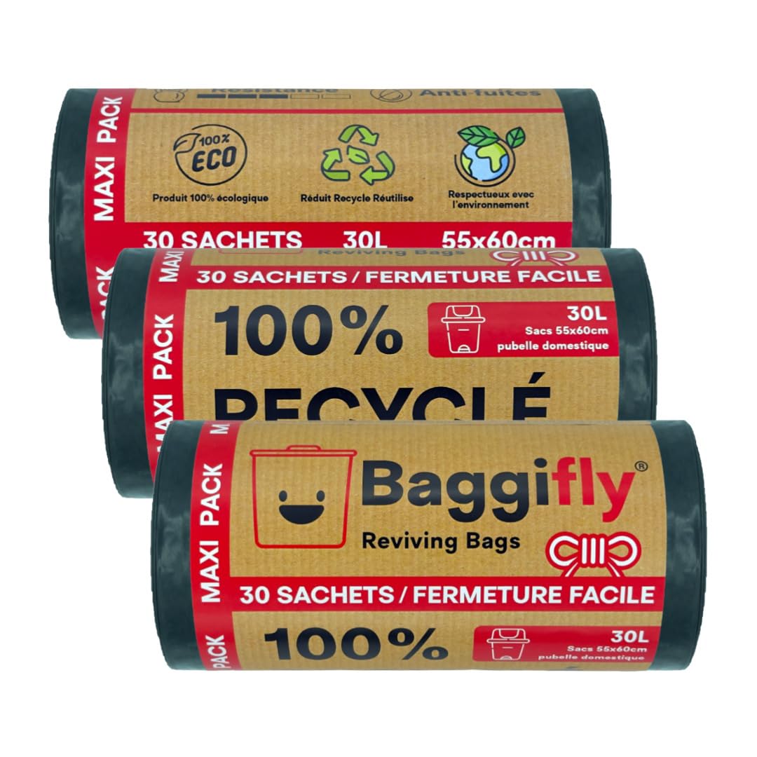 Sac poubelle 30L Baggifly : pack de 90 sacs ultra résistants et écoresponsables
