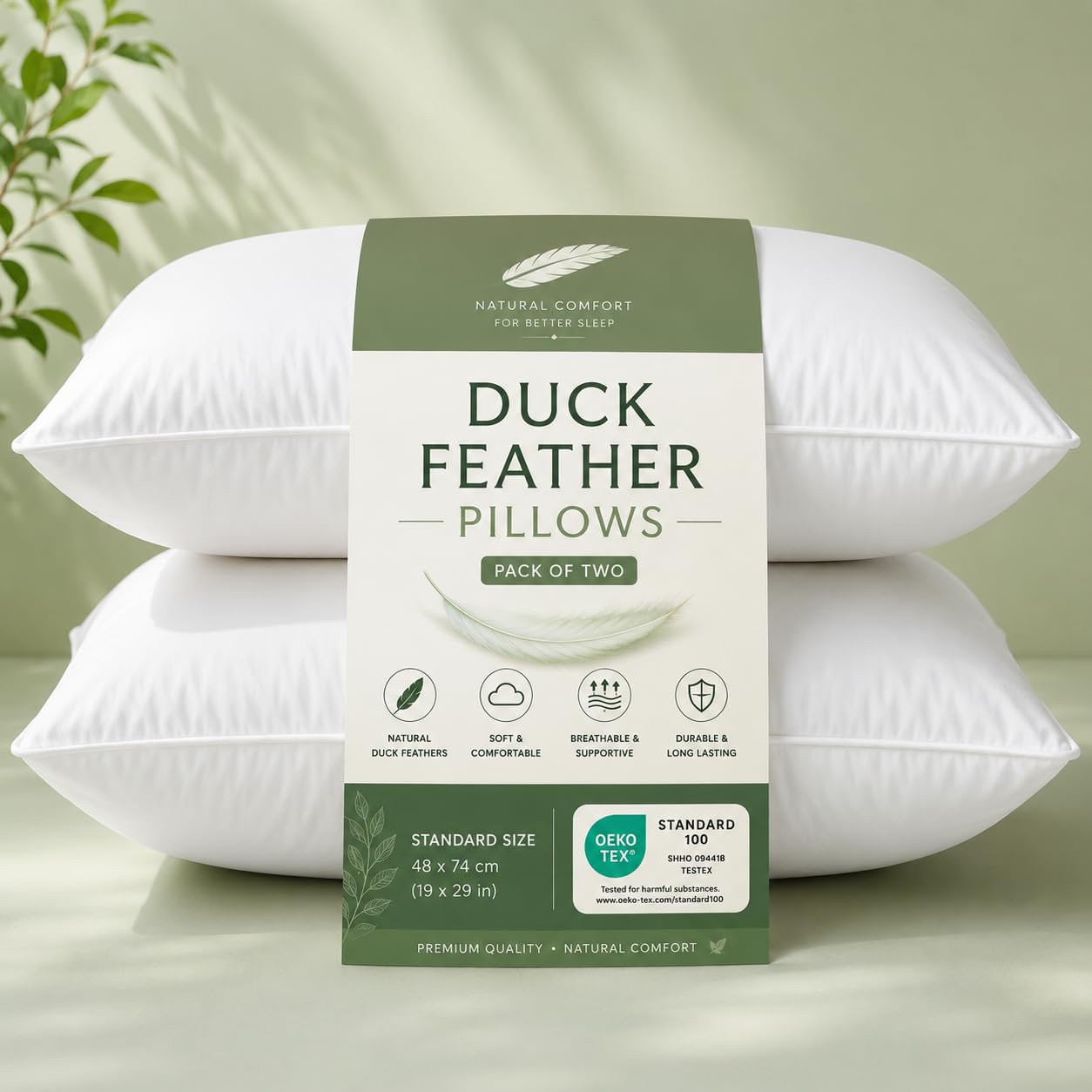 1200gsm Duck Feather Pillows 2 Pack Soft Anti-Allergic Dust Mite Hotel Quality Luxury Microfibre Soft Fluffy Best Down Pillow Pair for Back and Side Sleepers (Duck pillow (Set of 2 Microfiber cover)