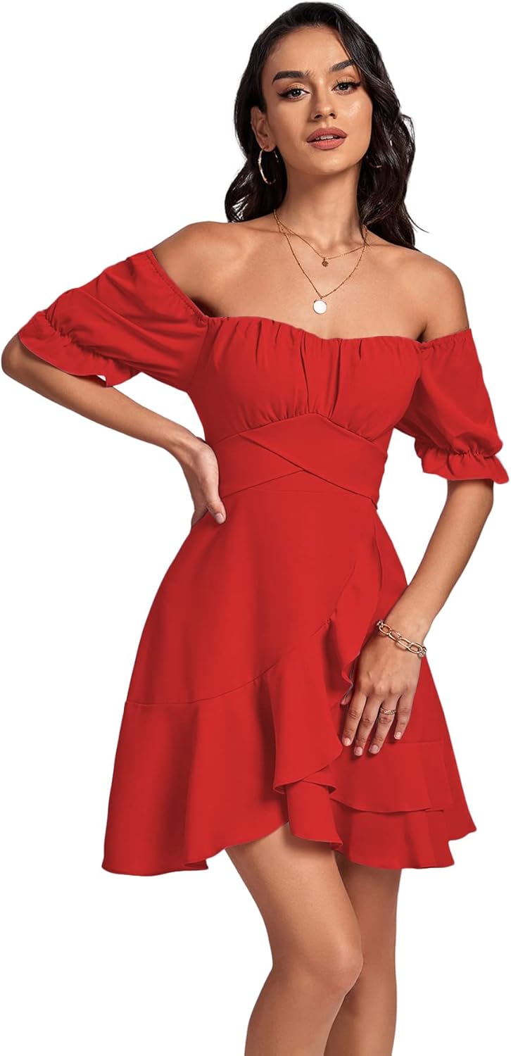 LYANER Women's Square Neck Ruffle Wrap Mini Dress Off Shoulder Flounce Short Sleeve A Line Flowy Dress - Image 5