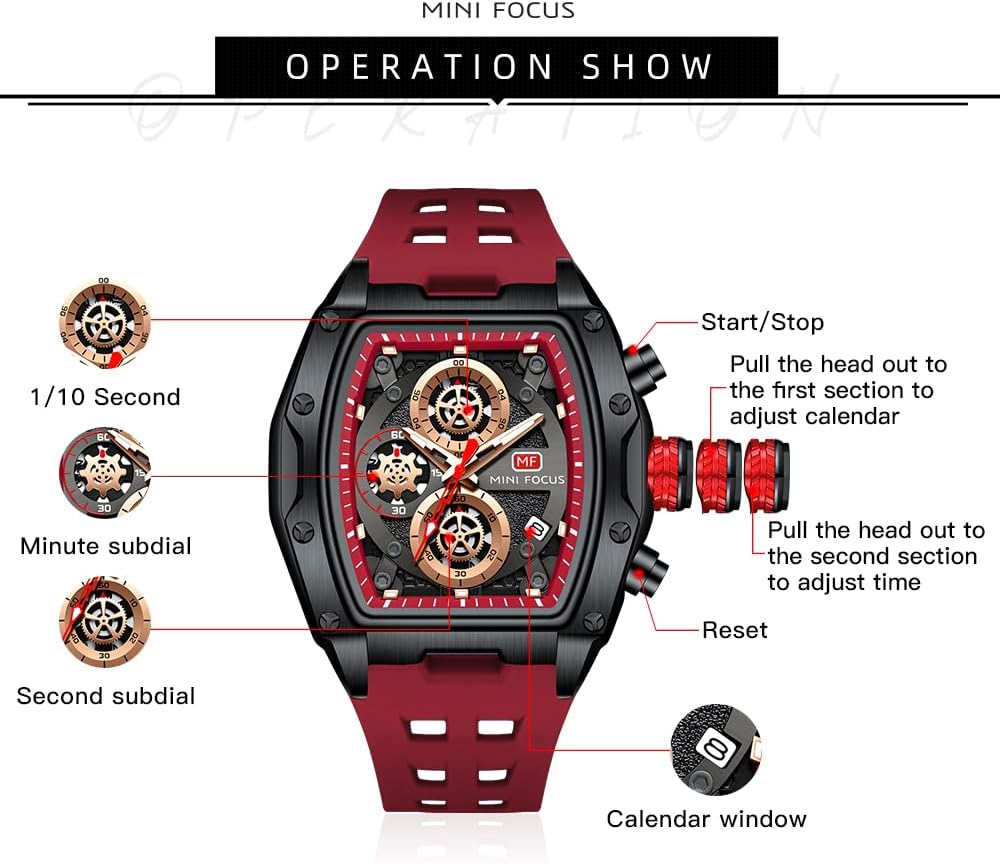 MF MINI FOCUS Watch for Men Wristwatch Fashion Hollow Big Dial Luminous Waterproof Sport Analog Quartz Business Chronograph Mens Watches Blue Silicon Strap Dress Watch(0473 Red - Image 7