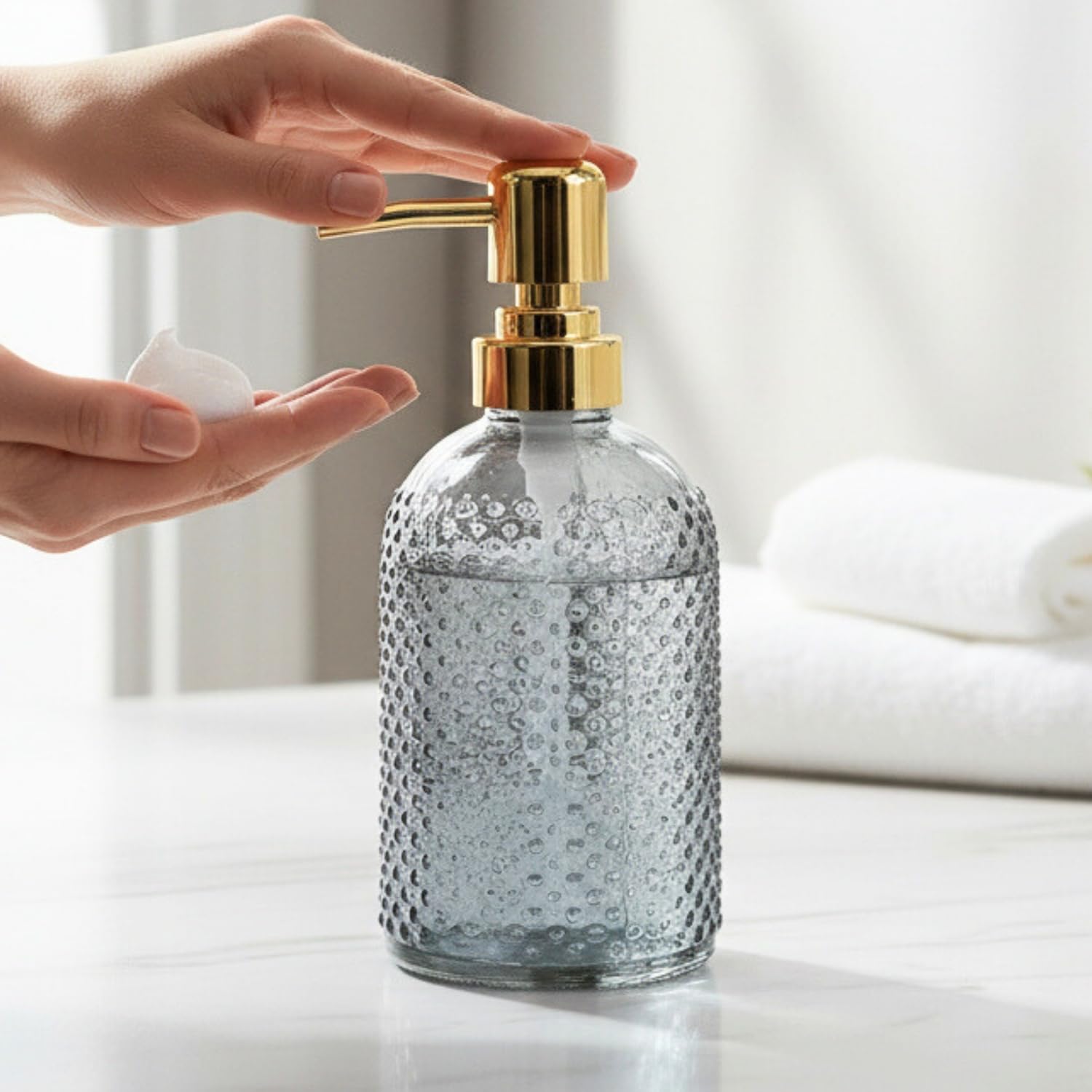 Kookee Glass Soap Dispenser with Refillable Pump Bottle | Bathroom & Kitchen Wash Basin | Hand Wash, Lotion | Transparent Grey | (Set of 1) (11917)